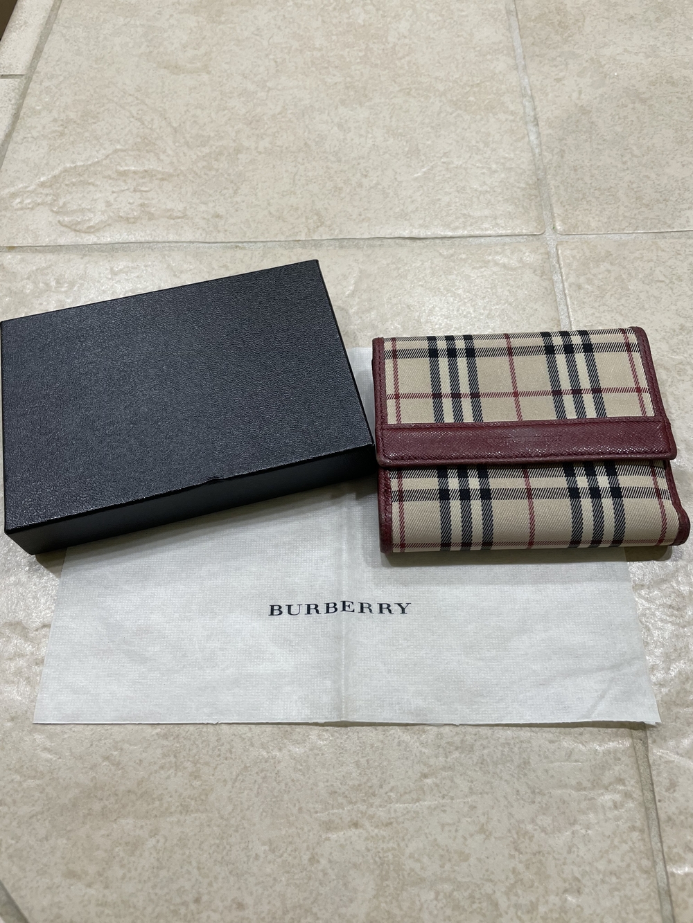 Burberry Vintage Check Tri-Fold Wallet in Haymarket Check with Burgundy Trim